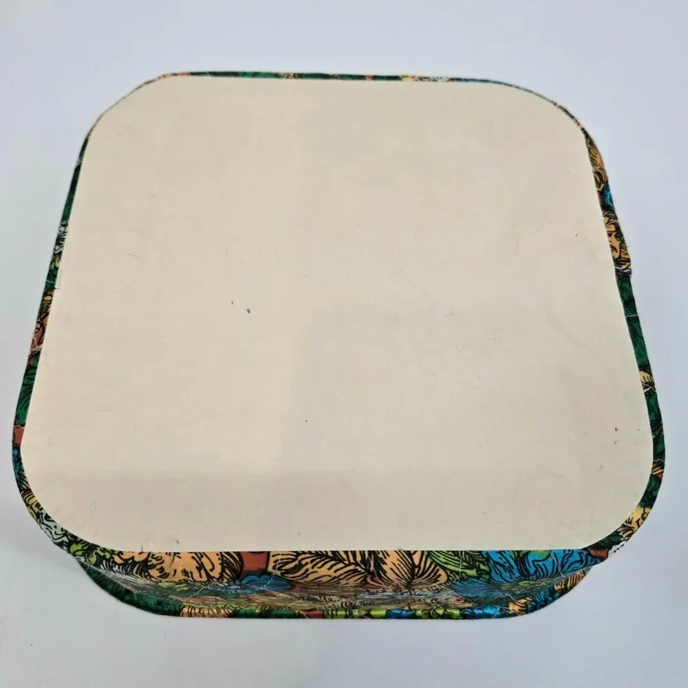 Vintage Quilted Floral Print Fabric Covered Box with Lid Square Rounded Corners